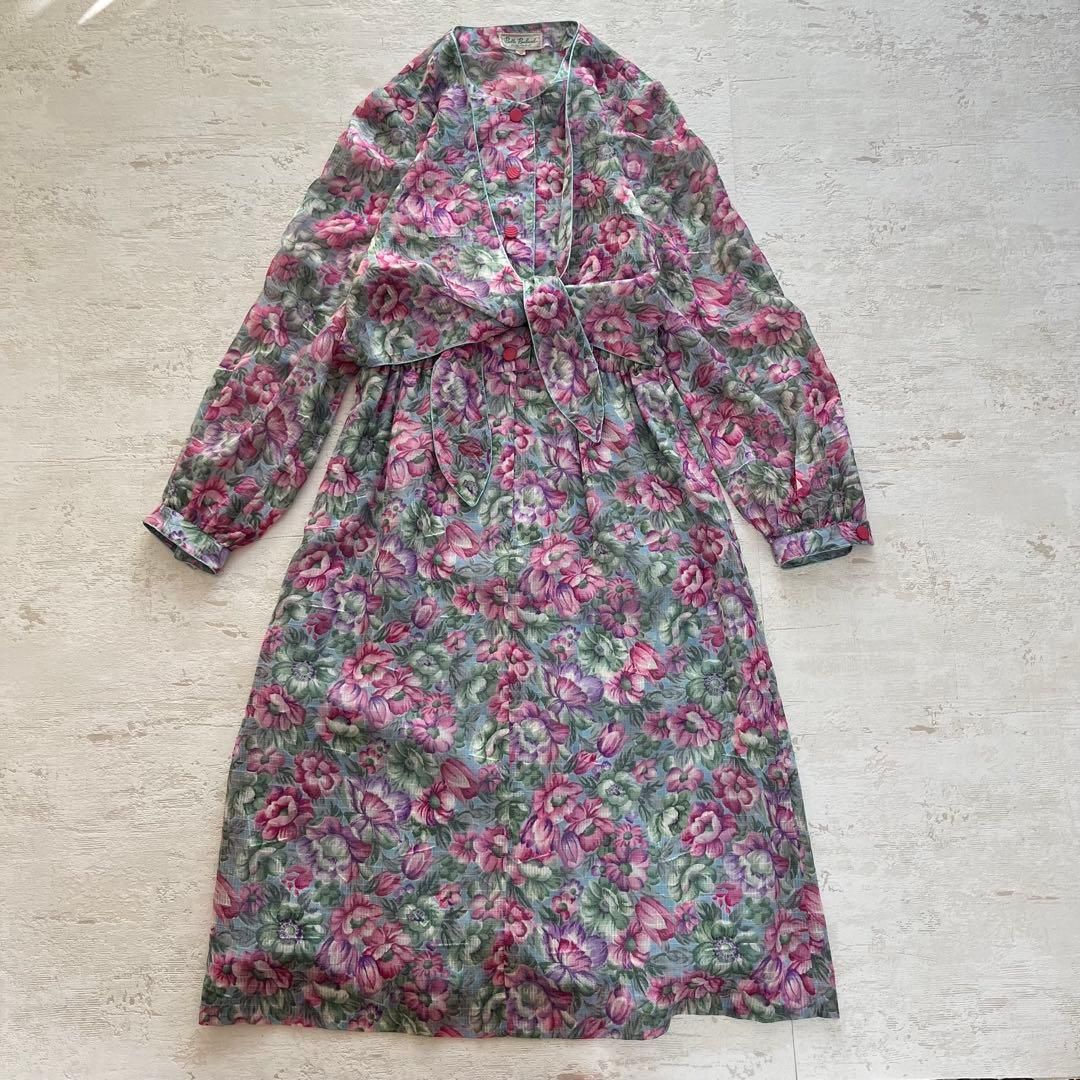 美品　昭和レトロ　花柄セットアップ　ロングワンピース　スカート　日本製 昭和レトロカラフル花柄長袖ロングワンピースセットアップ風