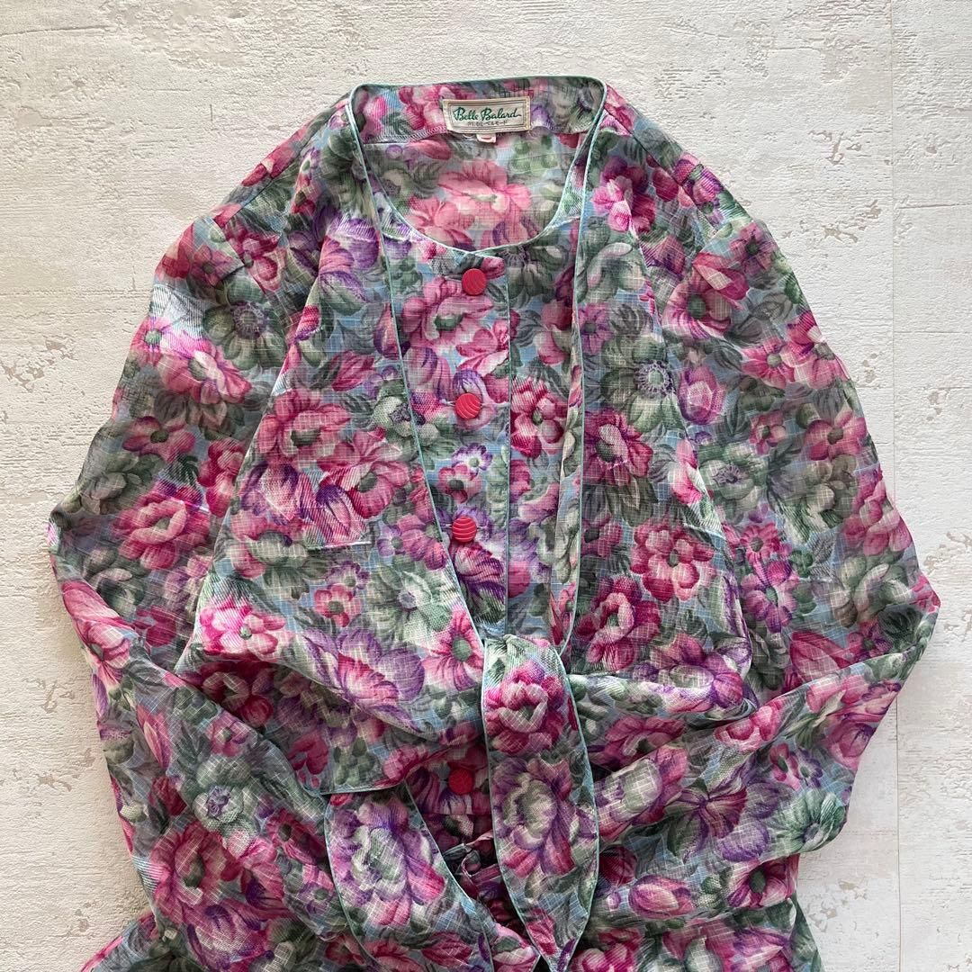 美品　昭和レトロ　花柄セットアップ　ロングワンピース　スカート　日本製 昭和レトロカラフル花柄長袖ロングワンピースセットアップ風