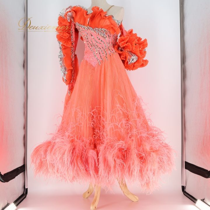 社交ダンス 衣装 スタンダードドレス ドレス ワンピース フリル ファー