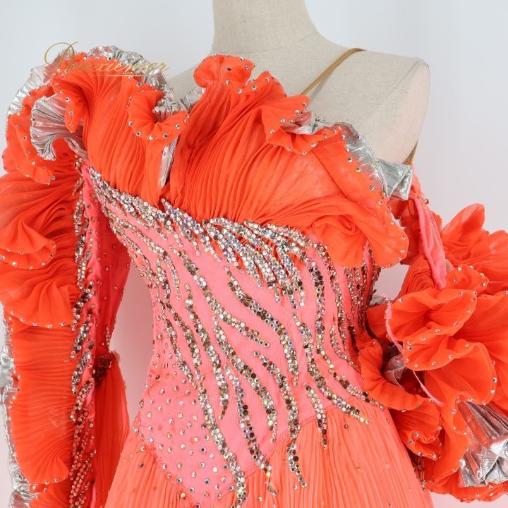 社交ダンス 衣装 スタンダードドレス ドレス ワンピース フリル ファー