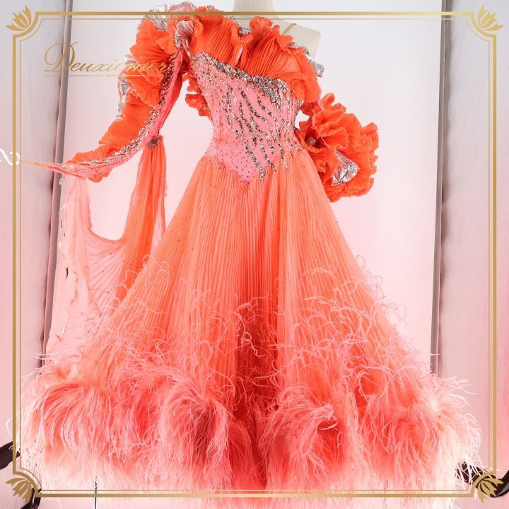 社交ダンス 衣装 スタンダードドレス ドレス ワンピース フリル ファー