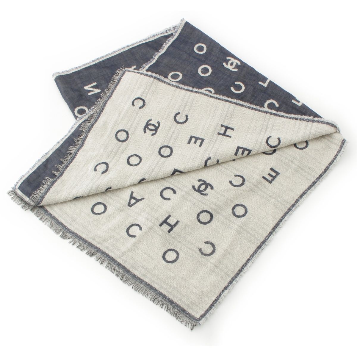 シャネル 17 B カシミヤ シルク ロゴジャガード マフラー ショール ストール ネイビー グレー