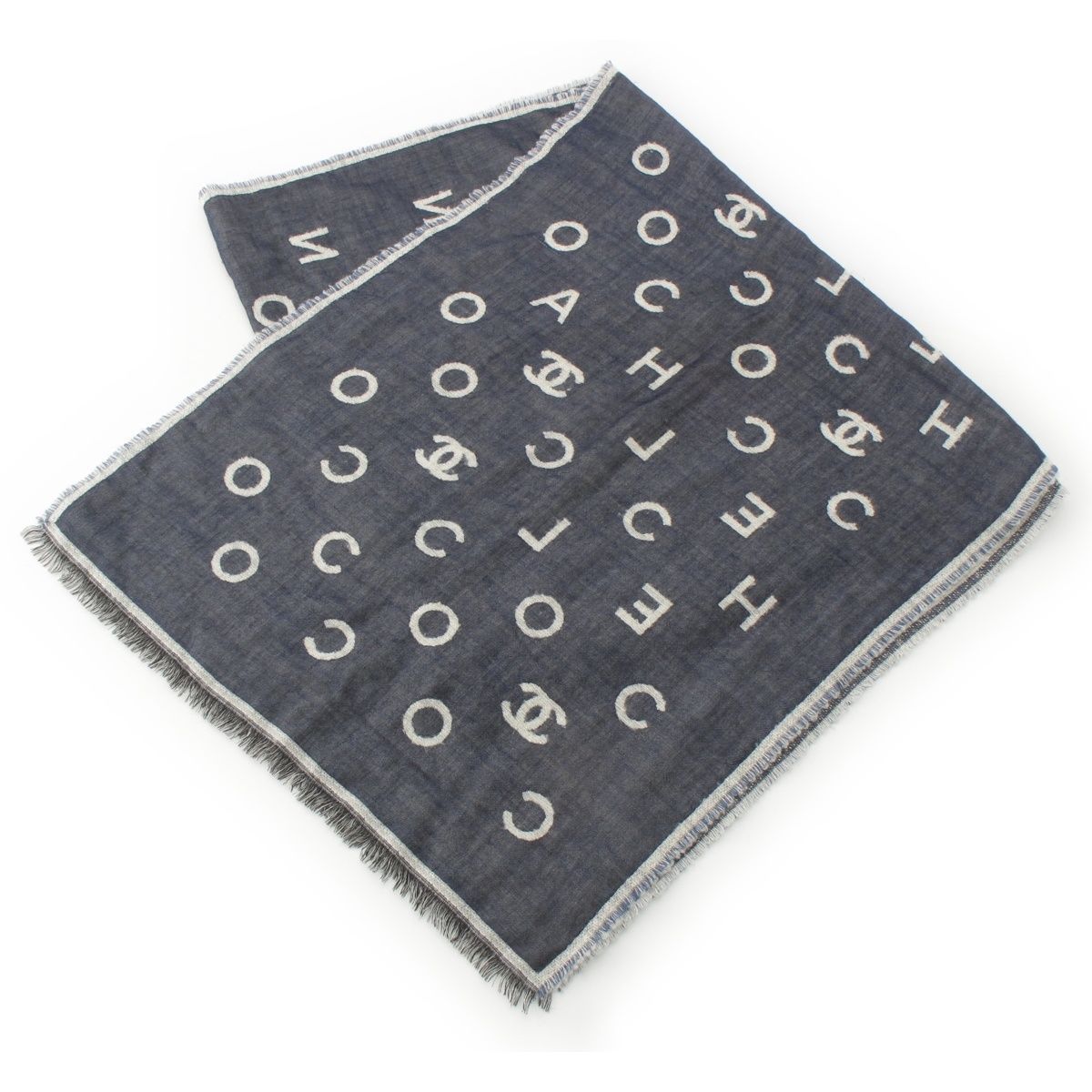 シャネル 17 B カシミヤ シルク ロゴジャガード マフラー ショール ストール ネイビー グレー