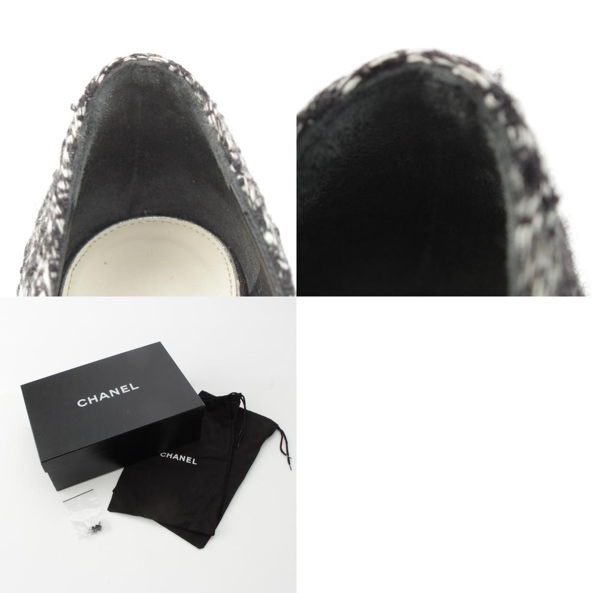  シャネル ツイード 10 A カメリア パンプス ブラック ホワイト 34 ハイヒール パンプス パンプス