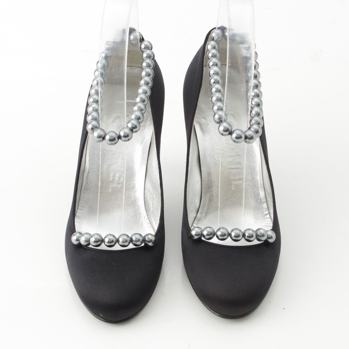 シャネル サテン 05 P パール ストラップ パンプス ブラック 34 1 2