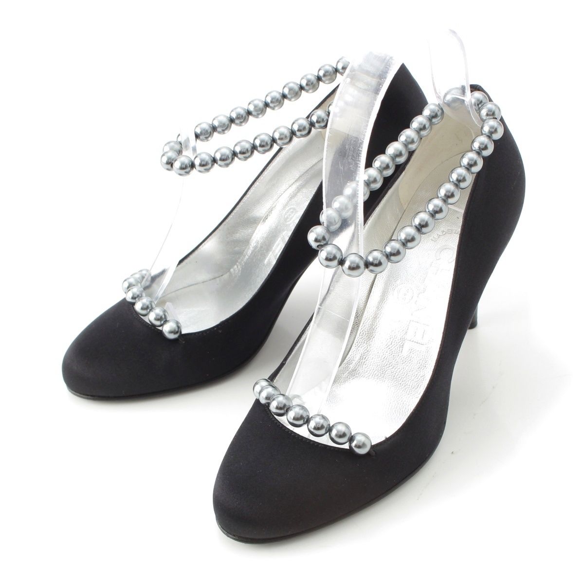 シャネル サテン 05 P パール ストラップ パンプス ブラック 34 1 2