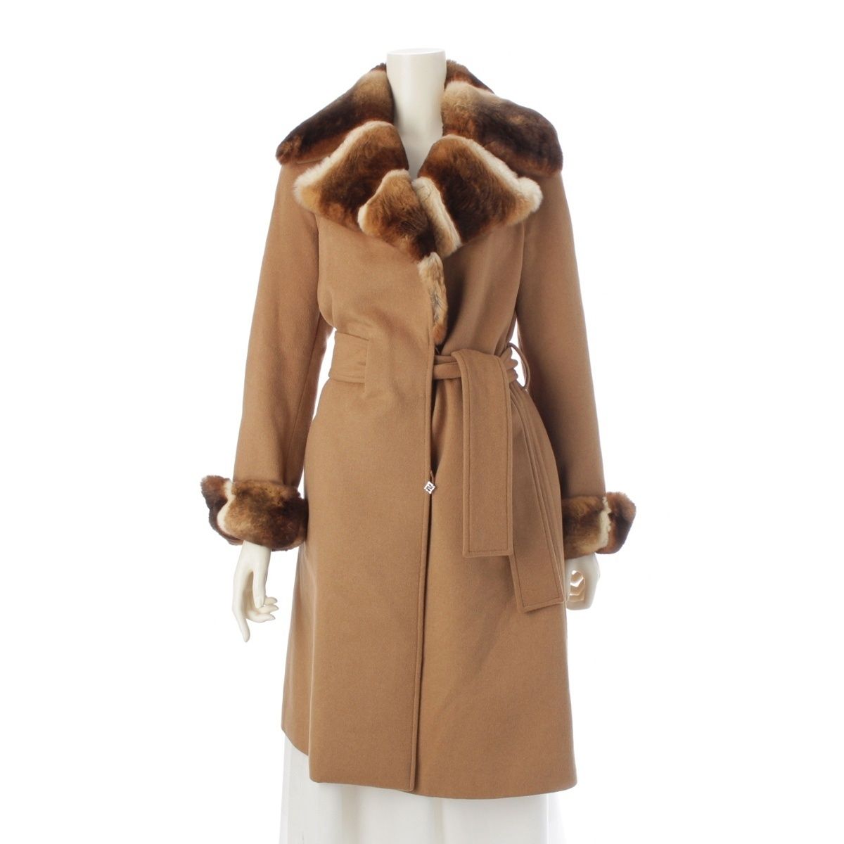 フェンディ ウール アンゴラ チン チラ ファー ロング コート アウター ブラウン 38