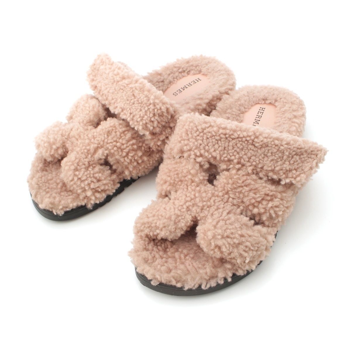 エルメス シプレ ボア ムートン Hモチーフ サンダル ピンク 36【中古