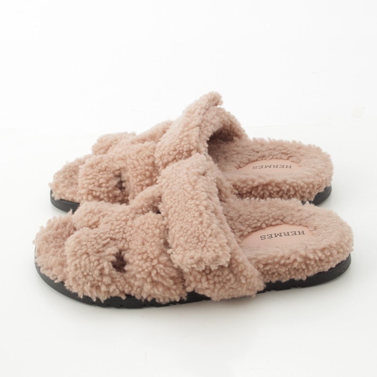 エルメス シプレ ボア ムートン Hモチーフ サンダル ピンク 36【中古