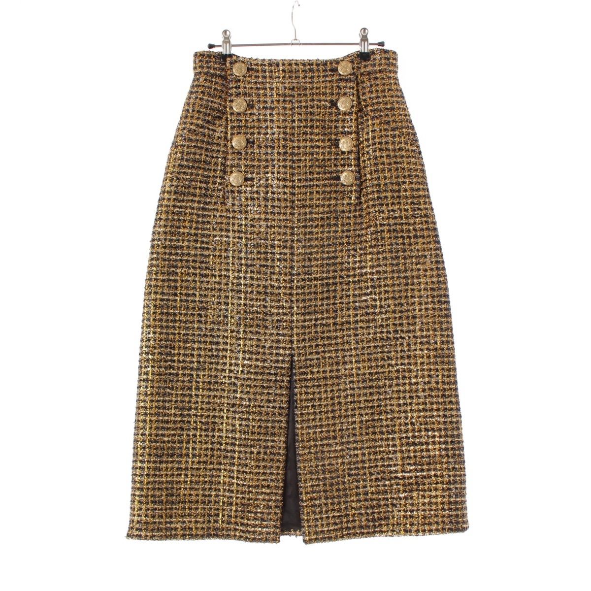 シャネル 18 A ポリエステル ナイロン シルク ハンブルクボタン ツイード スカート ボトムス P 59406 ゴールド ブラック ネイビー 38
