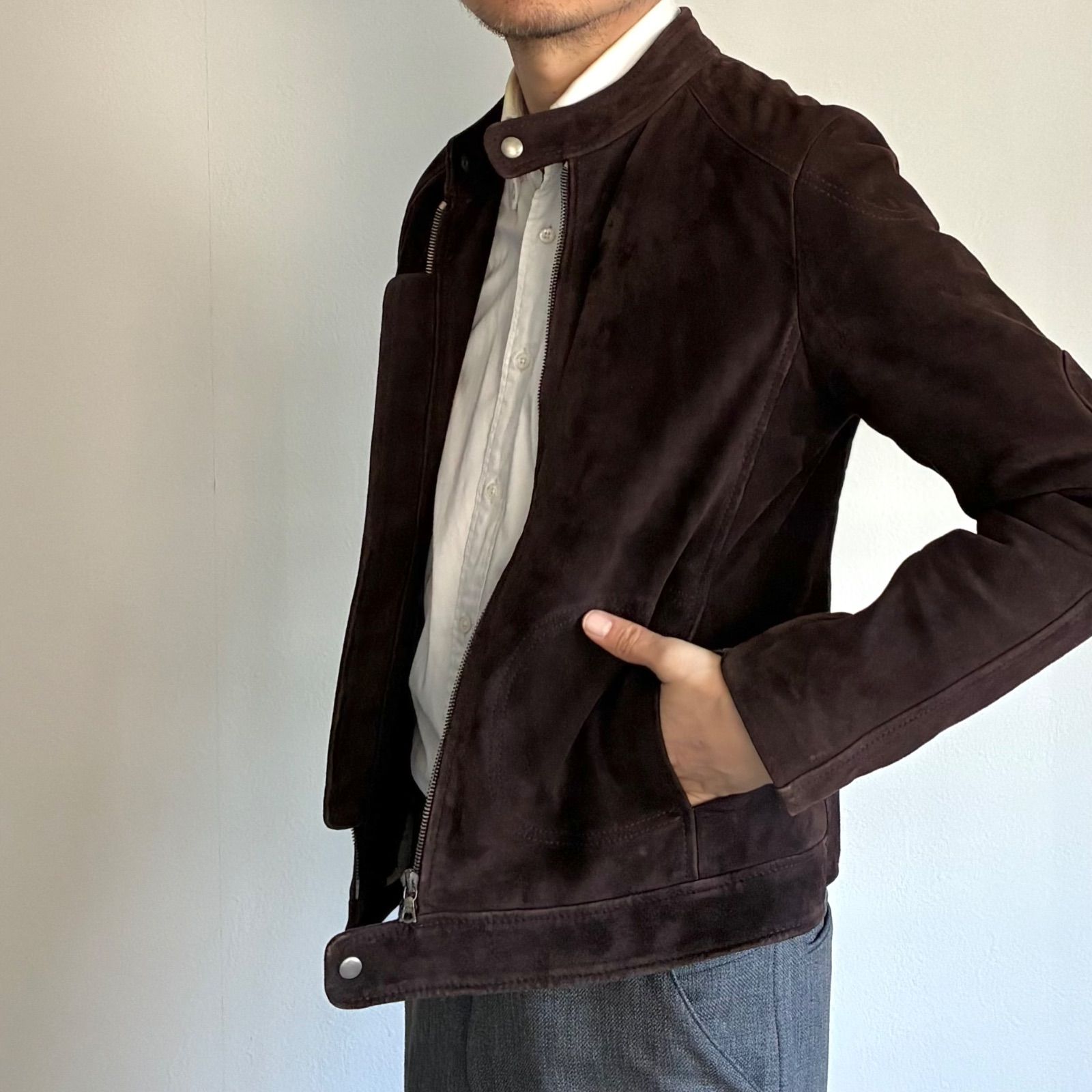 美品BEAMS QUATTROCCHIシープスキンライダースジャケット ブラウン International Gallery BEAMS（インターナショナルギャラリー ビームス