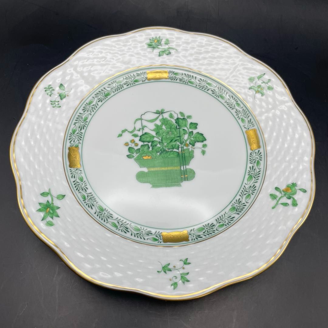 HEREND アポニー・グリーン インドの華/清の花籠 デザートプレート直径