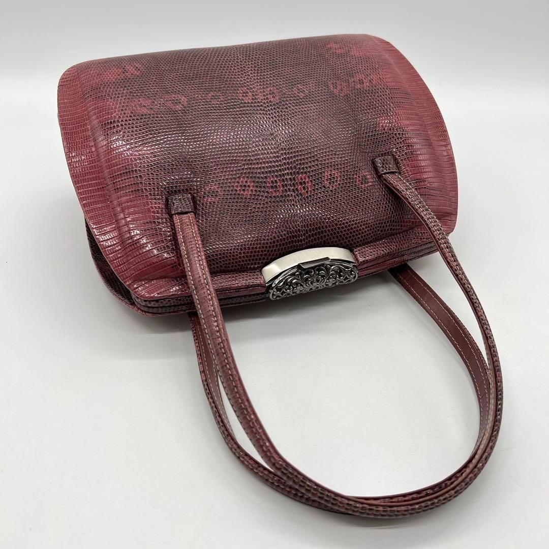 美品】Lizard skin リザード/口枠式/ボルドー系色/ハンドバッグ