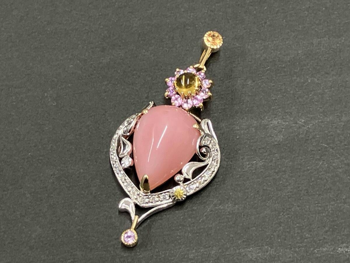 クリーニング済 K 18 WG トップ 総重量約8 3 g 天然オパール ピンクサファイア 天然ダイヤモンド 鑑別書付 福原佐智