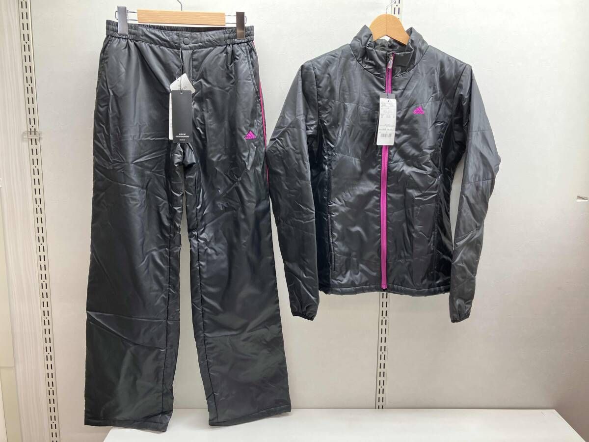adidas アディダス タグ付き中綿ナイロンジャケット ボトムス上下セット レディース ゴルフウェア Mサイズ ブラック×ピンク
