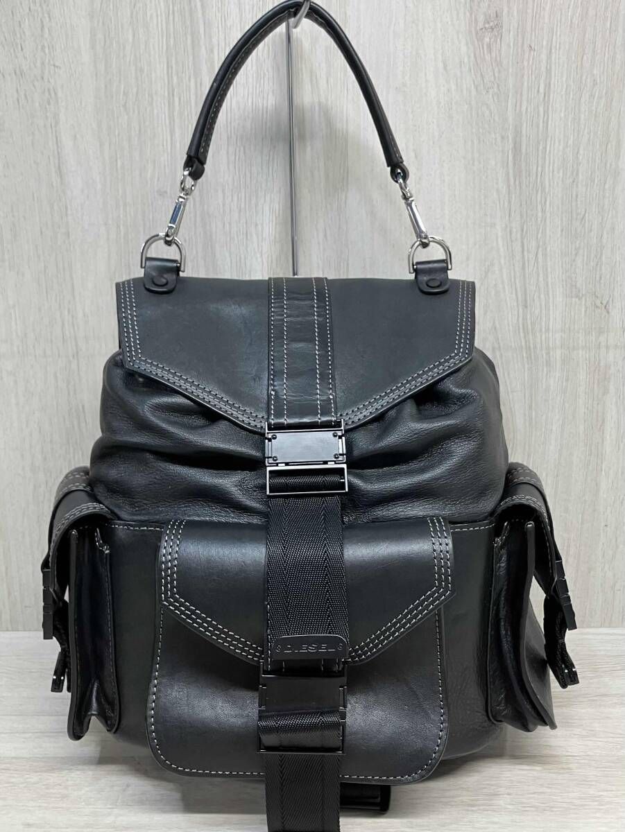 DIESEL 本革 レザー リュック 巾着 バッグ 鞄 ナイロン バックル ディーゼル レディース ブラック