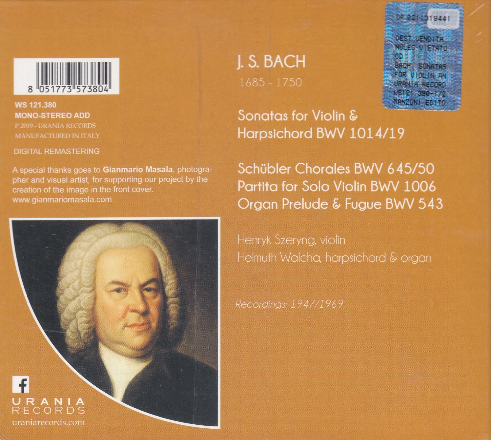 2CD/Urania]バッハ:ヴァイオリンとチェンバロのためのソナタ全集BWV