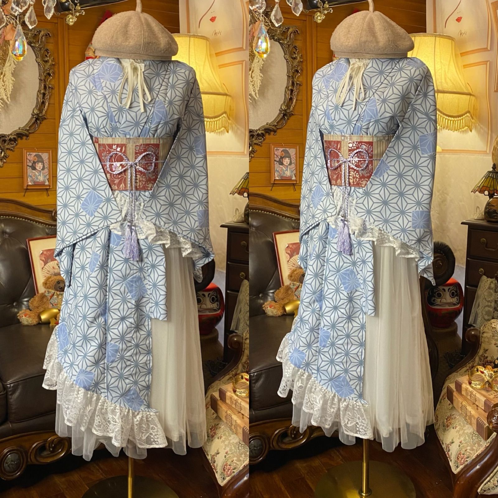 単衣着物 2 way アシンメトリー ガウン 羽織り ドレス ワンピース ハンドメイド 和洋折衷 洗える 化繊 リメイク 名古屋帯サッシュベルト レトロ 古着 淡青×麻の葉 雪輪 KD-85