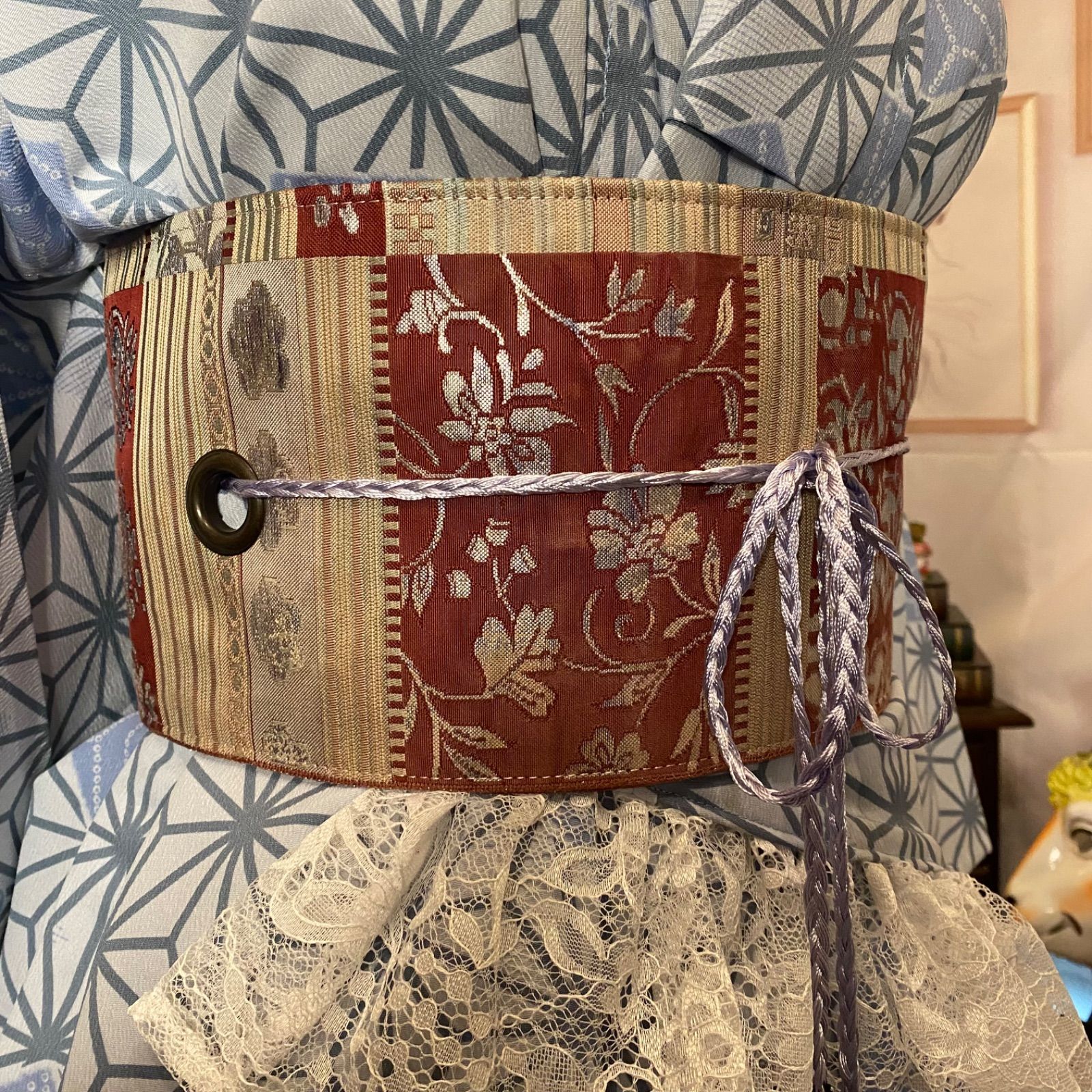  単衣着物 2 way アシンメトリー ガウン 羽織り ドレス ワンピース ハンドメイド 和洋折衷 洗える 化繊 リメイク 名古屋帯サッシュベルト レトロ 古着 淡青 麻の葉 雪輪 KD 85 ワンピース チュニック ファッション