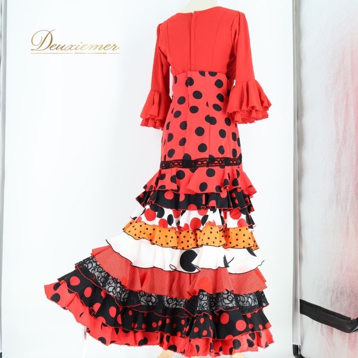 【美品 フラメンコ衣装】ブラック 上下セット セットアップ ツーピース 赤 黒 フラメンコ 衣装 マキコスチューム MAKIS COSTUMES トップス ファルダ