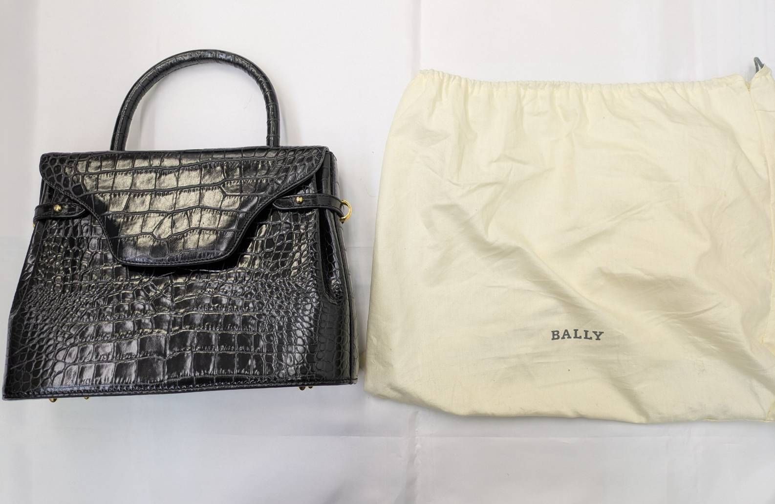 N バリー BALLY ハンドバッグ クロコ型押し ブラック 巾着袋付き キーホルダー付き