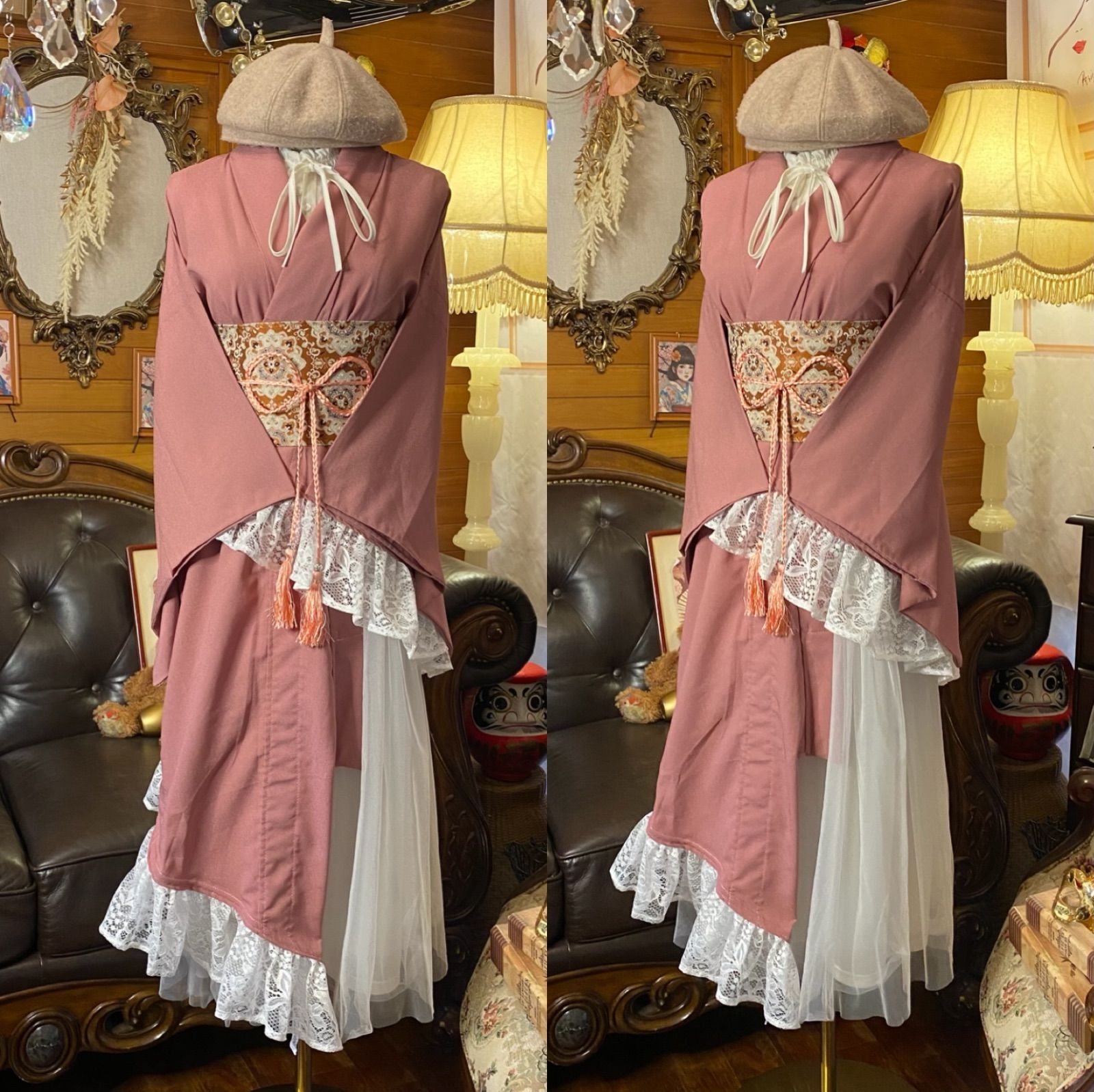 単衣 色無地 着物 2 way アシンメトリー ガウン 羽織り ドレス ワンピース ハンドメイド 和洋折衷 洗える 化繊 リメイク 名古屋帯サッシュベルト レトロ 古着 くすみピンク×レース KD-87