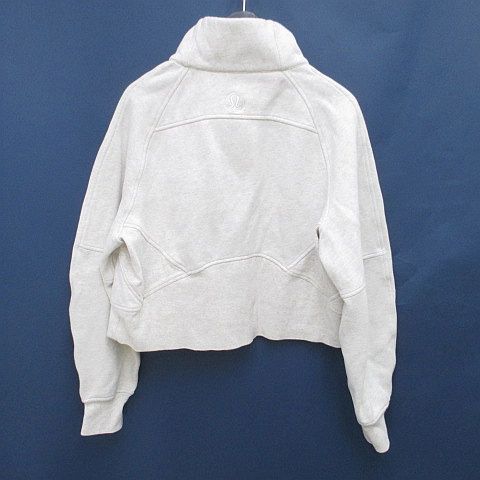 ルルレモン lululemon 長袖 トレーナー ショート丈 クォータージップ XS S 白系 ホワイト カンガルーポケット ロゴ 刺繍 裏起毛