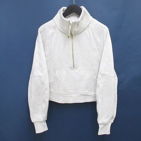ルルレモン lululemon 長袖 トレーナー ショート丈 クォータージップ XS S 白系 ホワイト カンガルーポケット ロゴ 刺繍 裏起毛