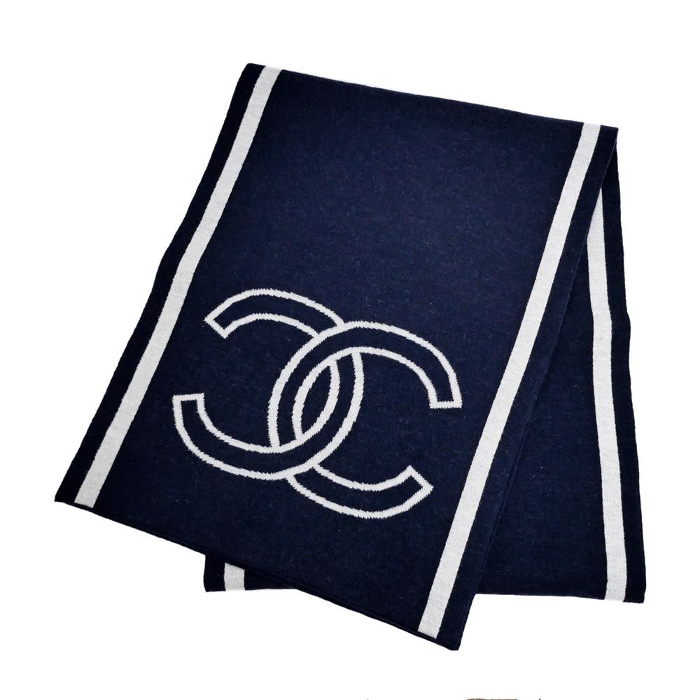 名東】シャネル リバーシブル マフラー ネイビー ココマーク 2025