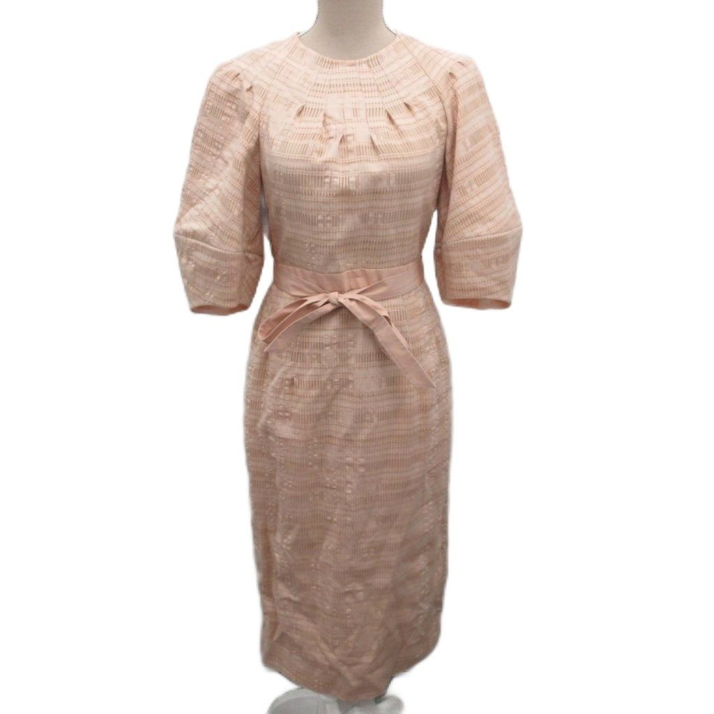 ドゥロワー Drawer チェックジャカードタックワンピース 半袖 ミモレ ロング 絹 シルク 36 ピンクベージュ 6526-299-1091