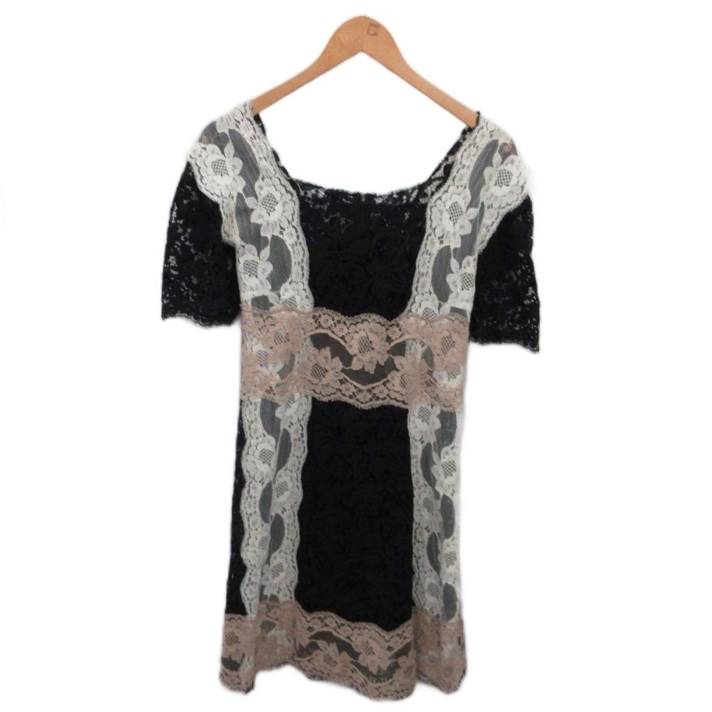 ドルチェ-ガッバーナ ドルガバ DOLCE-GABBANA ワンピース 半袖 ミモレ ロング レース 絹 シルク 36 黒 ブラック 白 ホワイト ベージュ F 6 FD 8 T