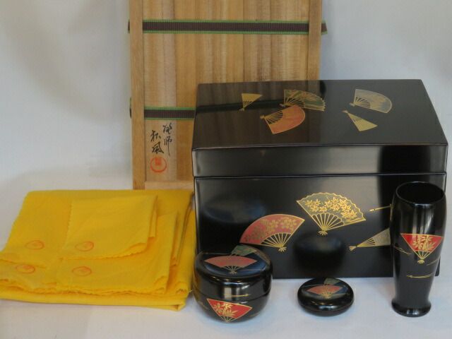 十二月◆特売品 輪島塗 松風作 扇面絵茶箱 三点セット〔税込 〕 ♥