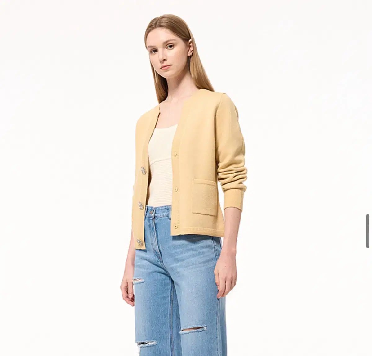 TIME タイム イエロー クリスタルボタン ウール カーディガン