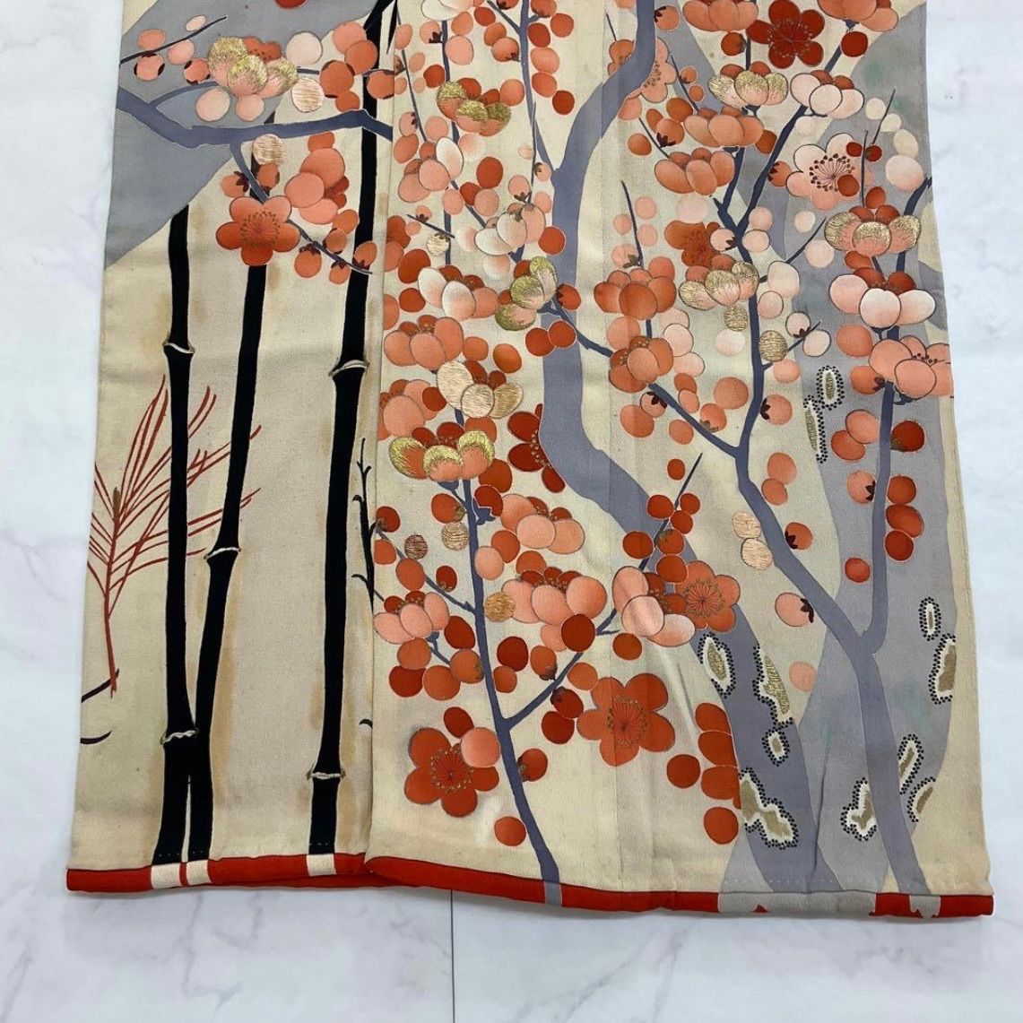  kimono one kimonoarisa アンティーク振袖 ふき綿仕立て 正絹 五つ紋 広衿 裄63.5肩丈154.5 振袖 着物