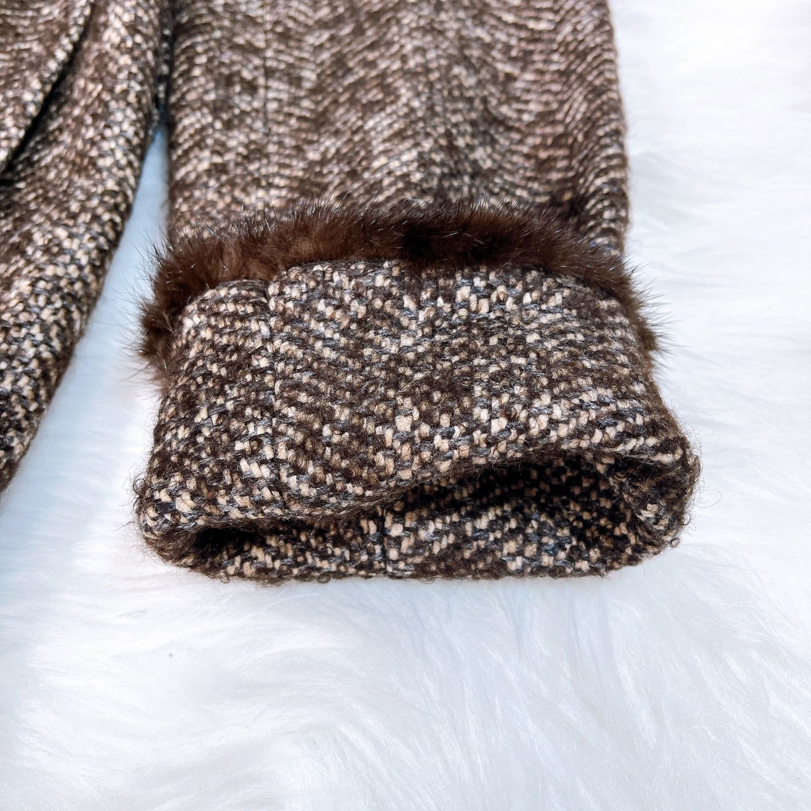 マックスマーラ ツイード モヘア シルク ミンクファーコート ベルト 42