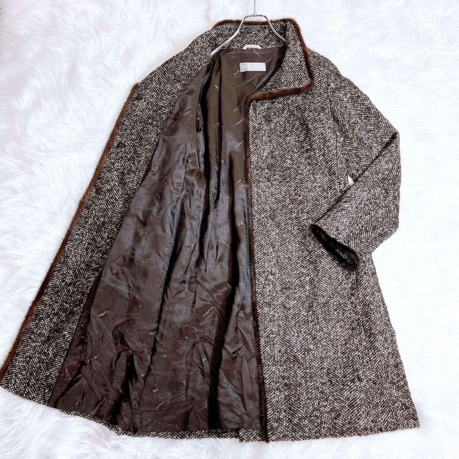 マックスマーラ ツイード モヘア シルク ミンクファーコート ベルト 42