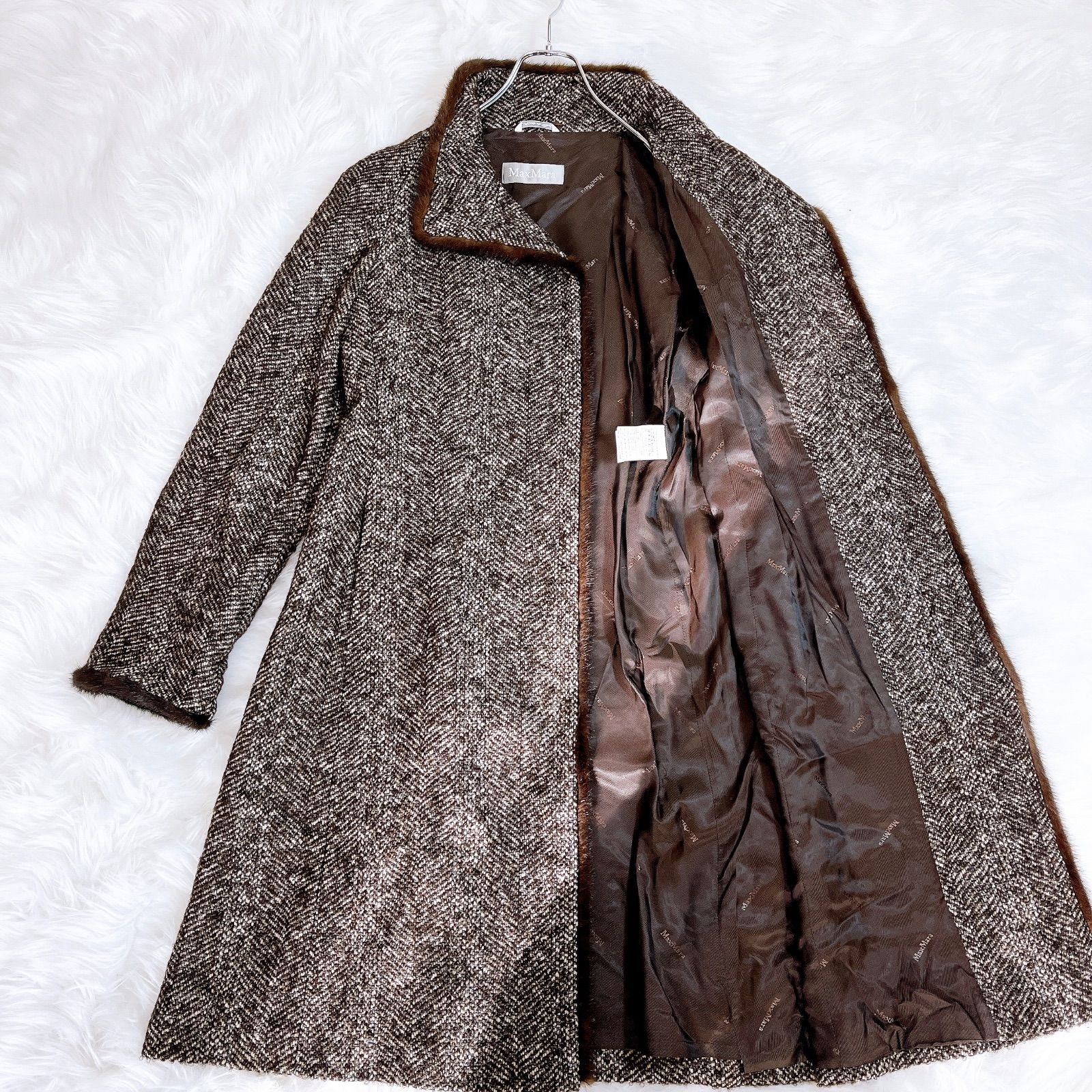 マックスマーラ ツイード モヘア シルク ミンクファーコート ベルト 42