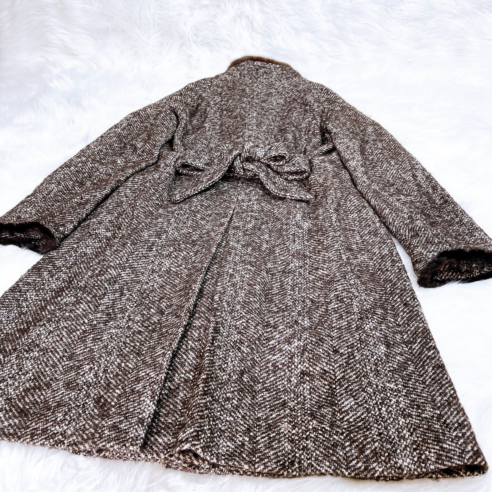 マックスマーラ ツイード モヘア シルク ミンクファーコート ベルト 42