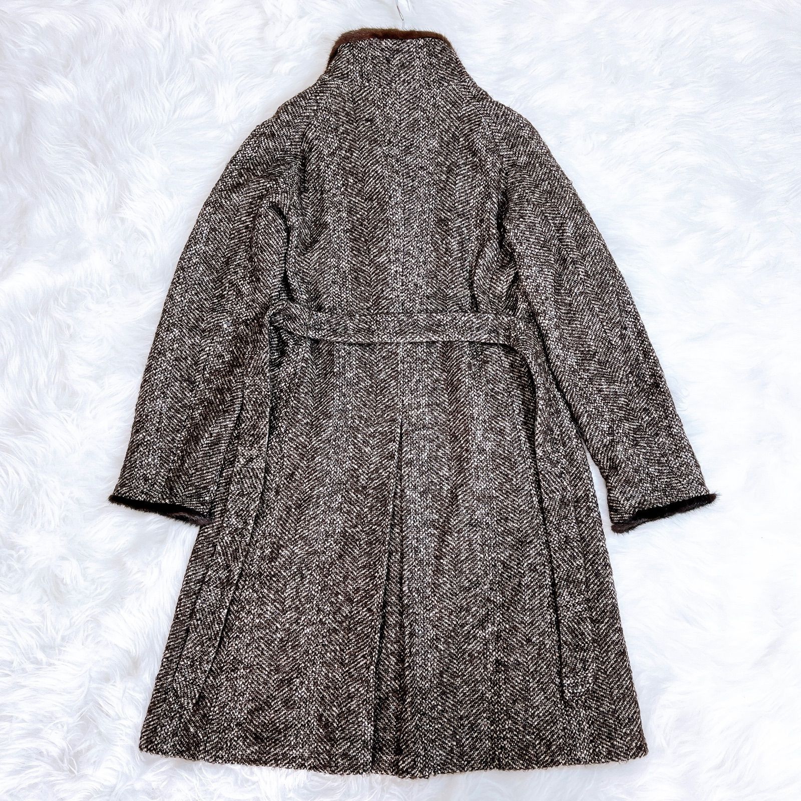 マックスマーラ ツイード モヘア シルク ミンクファーコート ベルト 42