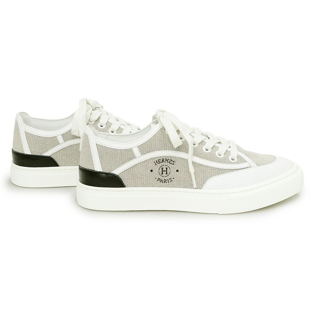 （新品・未使用品）エルメス HERMES ゲット スニーカー シューズ 靴 #36 23/23.5cm トワルアッシュ キャンバス カーフスキン レザー Prunoir プリュノワール Blanc ブラン ホワイト 箱付 エルメス ゲット スニーカー シューズ 靴 #36 23/23.5cm トワル