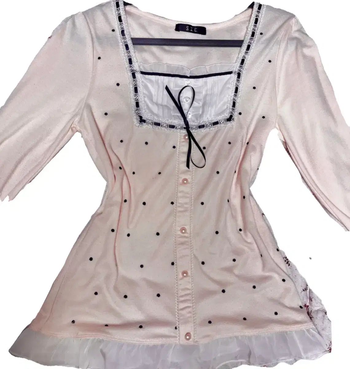 STC ピンク ドット フリル ロングスリップ ブラウス