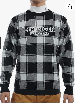 トミーヒルフィガーチェックジャカート クルーネックセーター THMA 478 LLサイズ ゴルフ メンズ 秋冬