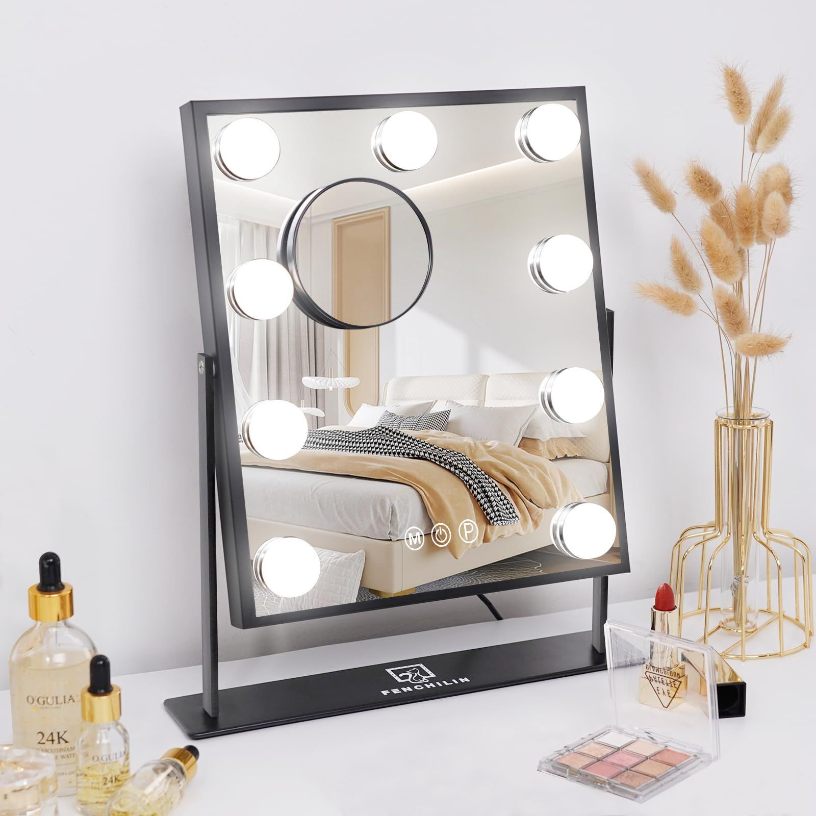 FENCHILIN 女優ミラー 卓上ミラー 化粧 鏡 卓上 ライト付き 9個高輝度