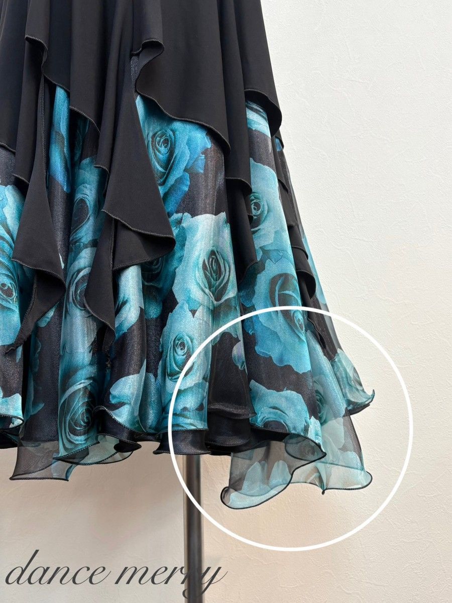 難あり特価 新品 社交ダンス スカート 黒 エメ 緑 花柄 タンゴ