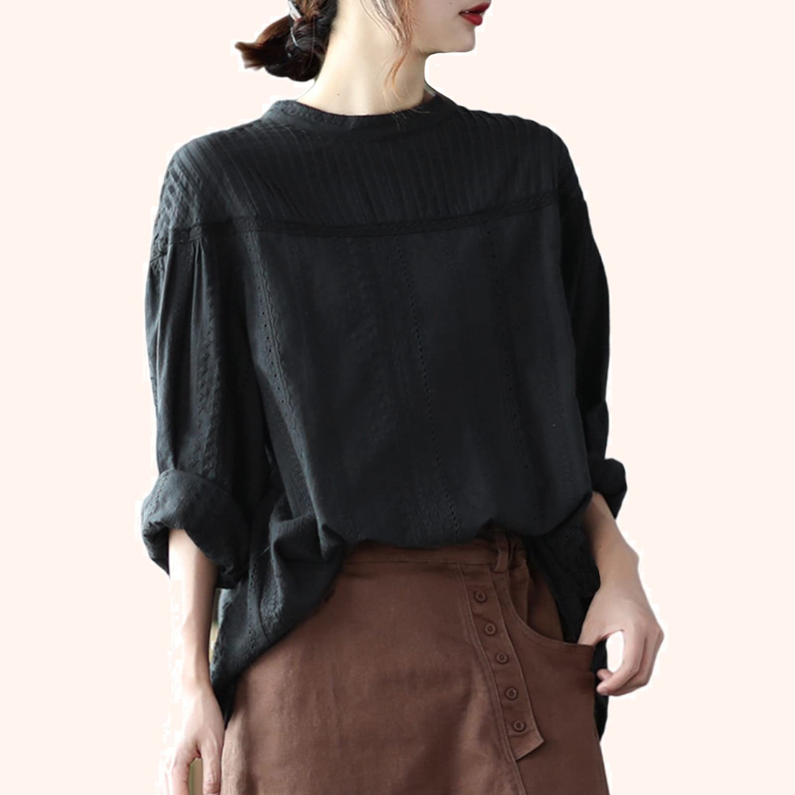 【在庫セール】オフィス デート 通勤 ゆったり 普段着 きれいめ おしゃれ 部屋着 カジュアル 長袖 春 綿100% ピンタック 夏 レース 秋 レディース トップス Free シャツ ブラウス Size [YY-Natuhi]