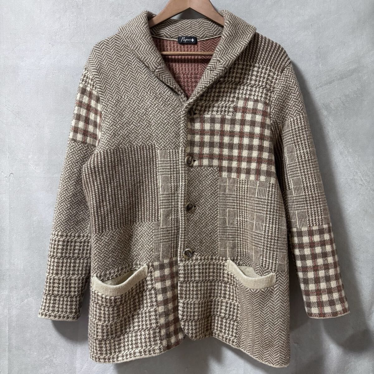 PAPAS PLUS パパス プラス ウール 縮絨 パッチワーク ニット ショールカラー カーディガン size.M ブラウン 千鳥格子 ヘリンボーン
