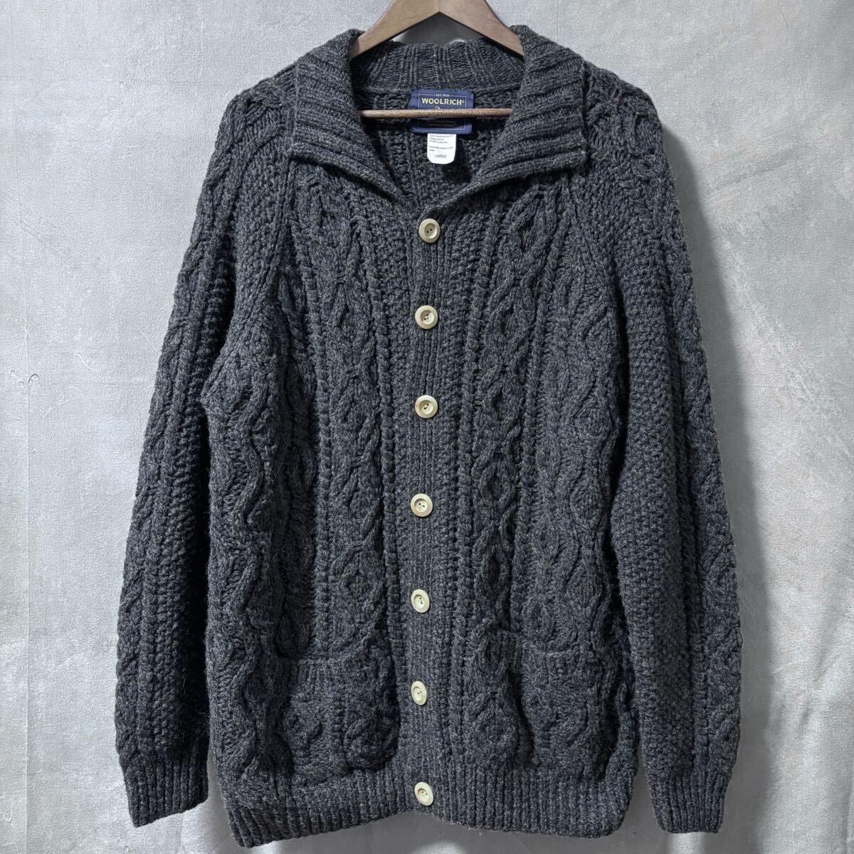 ウールリッチ 90 s OLD VINTAGE ウール アランニット ケーブルニット ボタン カーディガン size L グレー フィッシャーマン rare
