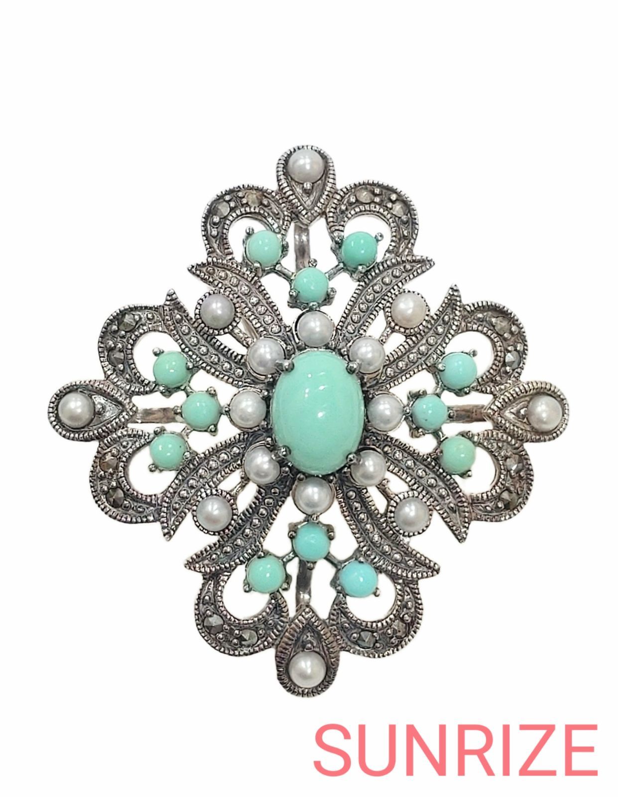 碌山 ロクザン ターコイズ パール マーカサイト ペンダントトップ ブローチ T 412
