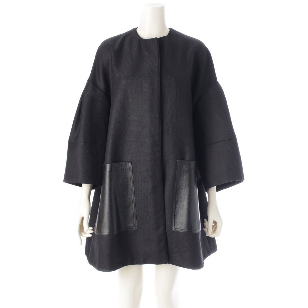 ドゥロワー ウール モヘア ケヌキ レザー ポケット ノーカラー コート