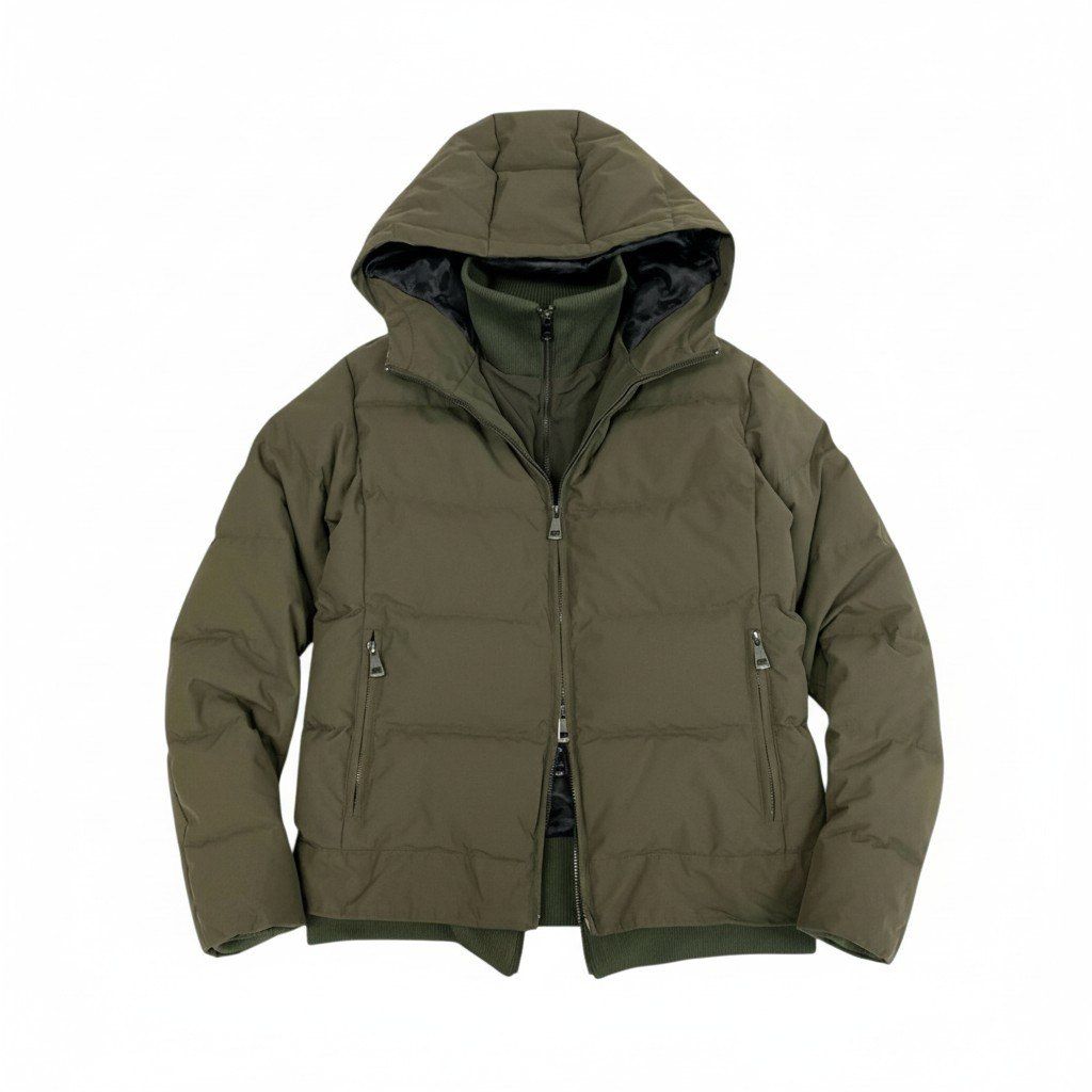 65 l 14 AKM エイケイエム コンテンポラリー スタンドネック レイヤード ダウンジャケット アウター Mサイズ カーキ メンズo 07 t